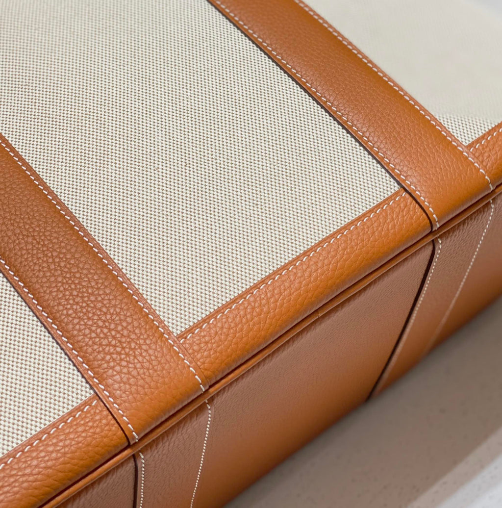 Hermes Garden Party 36cm in White Toilets Cotton Canvas and Brown Calfskin Bag