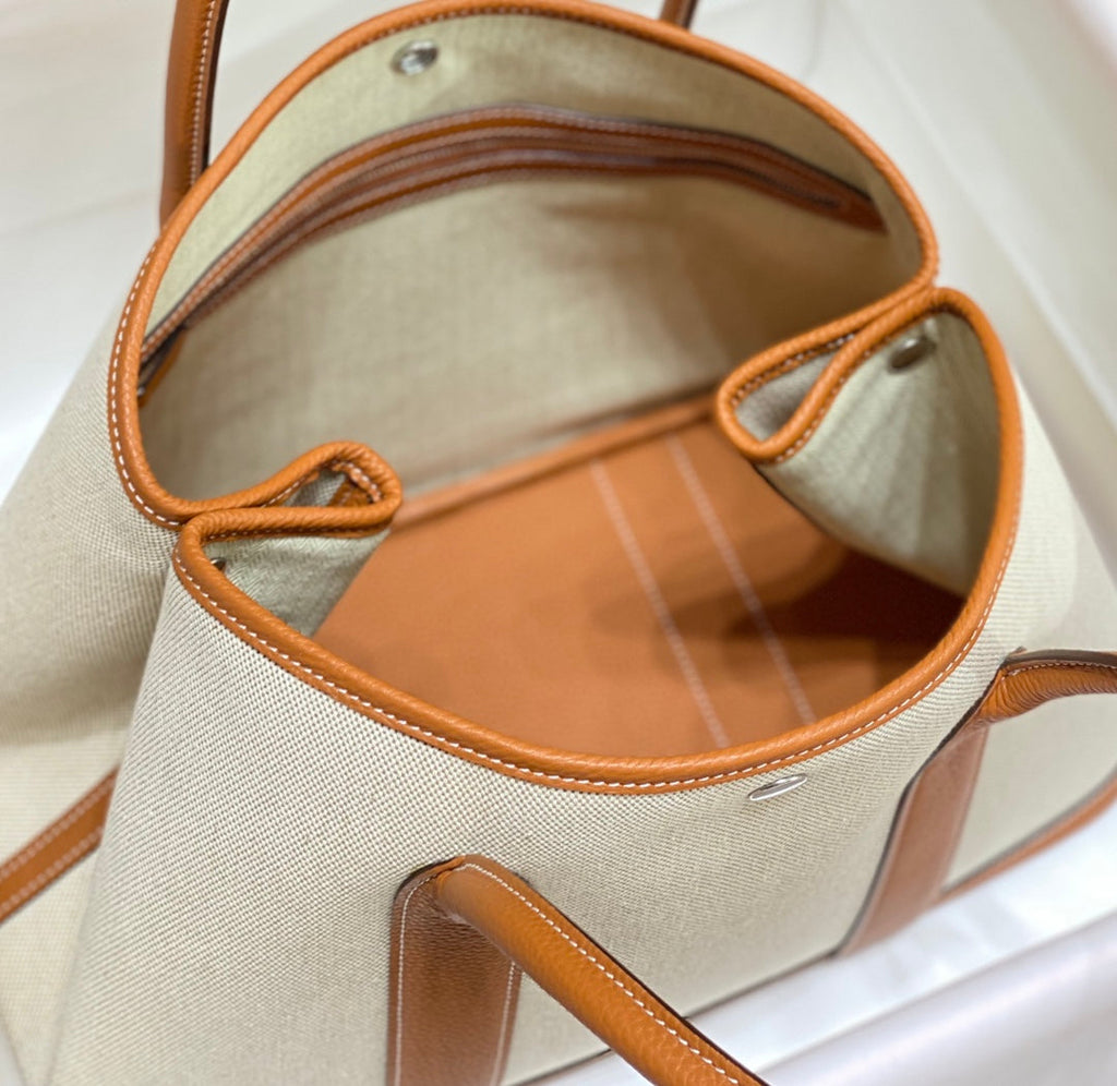 Hermes Garden Party 36cm in White Toilets Cotton Canvas and Brown Calfskin Bag