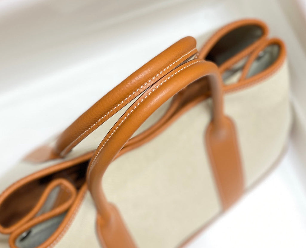 Hermes Garden Party 36cm in White Toilets Cotton Canvas and Brown Calfskin Bag