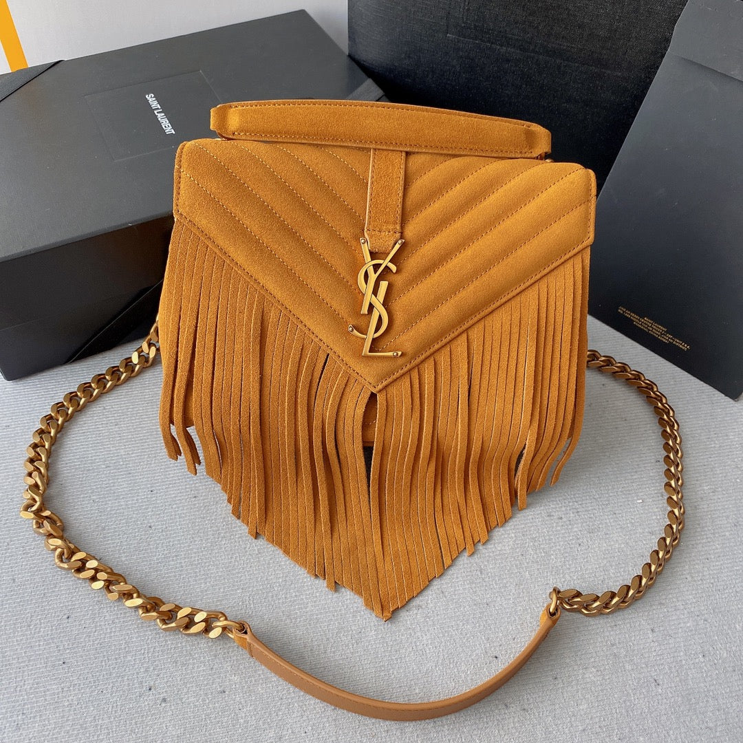 Saint Laurent College Tassel 24 in Orange Peel Suede Gold Hardware Bag