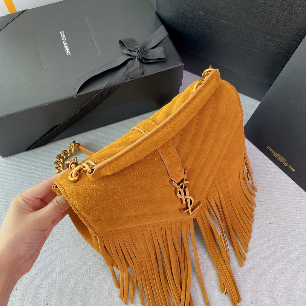 Saint Laurent College Tassel 24 in Orange Peel Suede Gold Hardware Bag