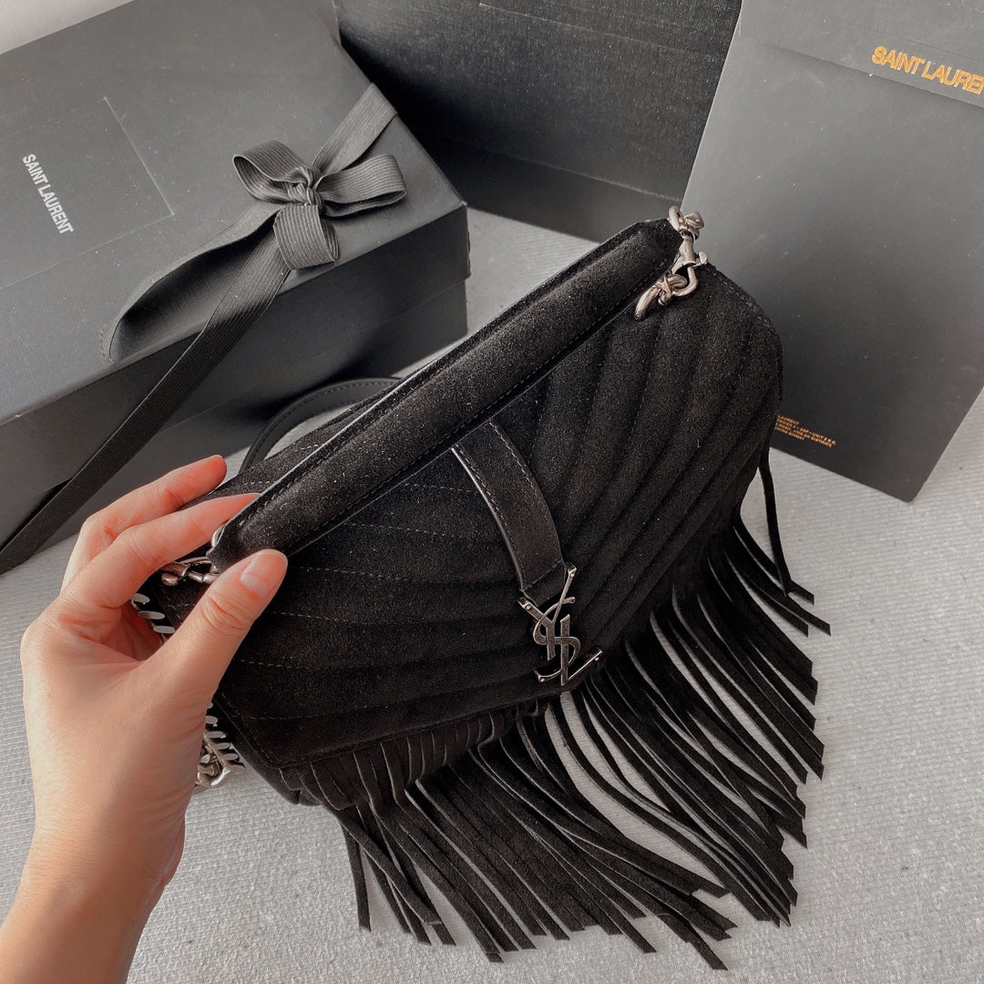 Saint Laurent College Tassel 24 in Black Suede Silver Hardware Bag