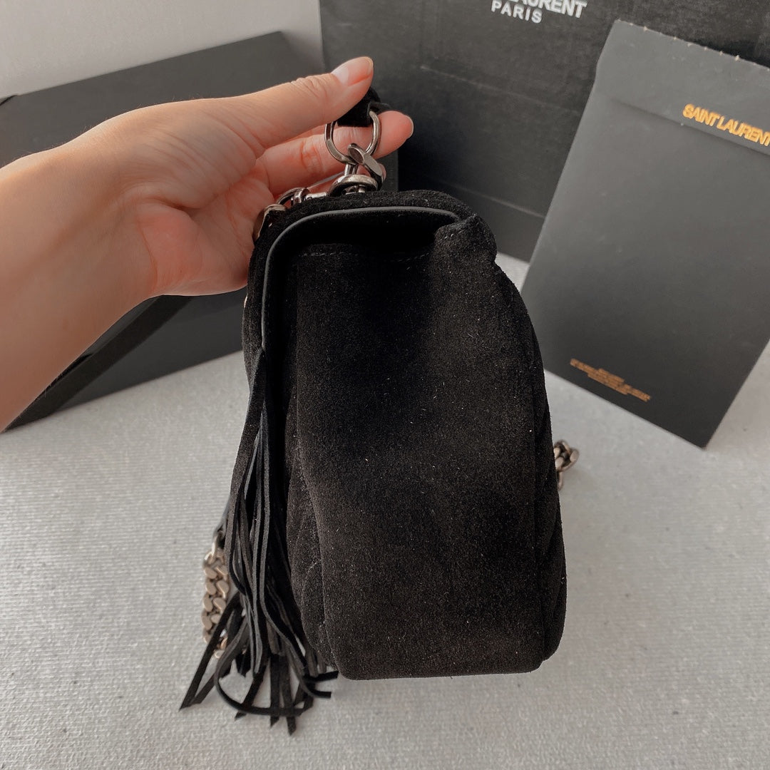 Saint Laurent College Tassel 24 in Black Suede Silver Hardware Bag
