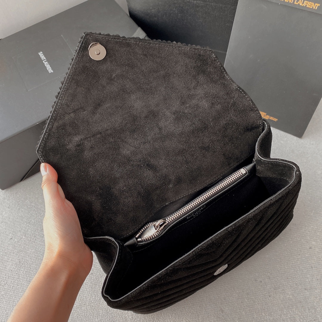 Saint Laurent College Tassel 24 in Black Suede Silver Hardware Bag