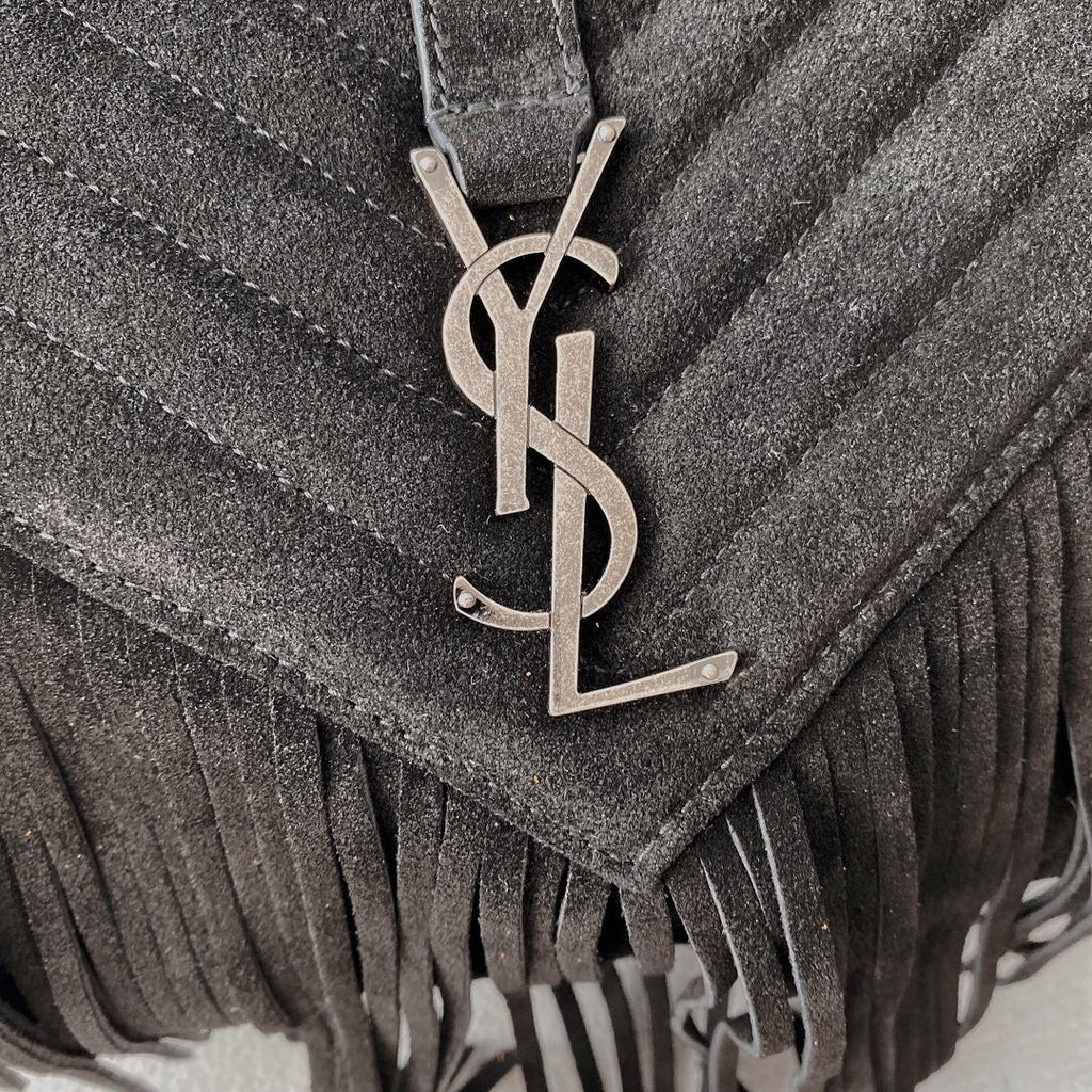 Saint Laurent College Tassel 24 in Black Suede Silver Hardware Bag