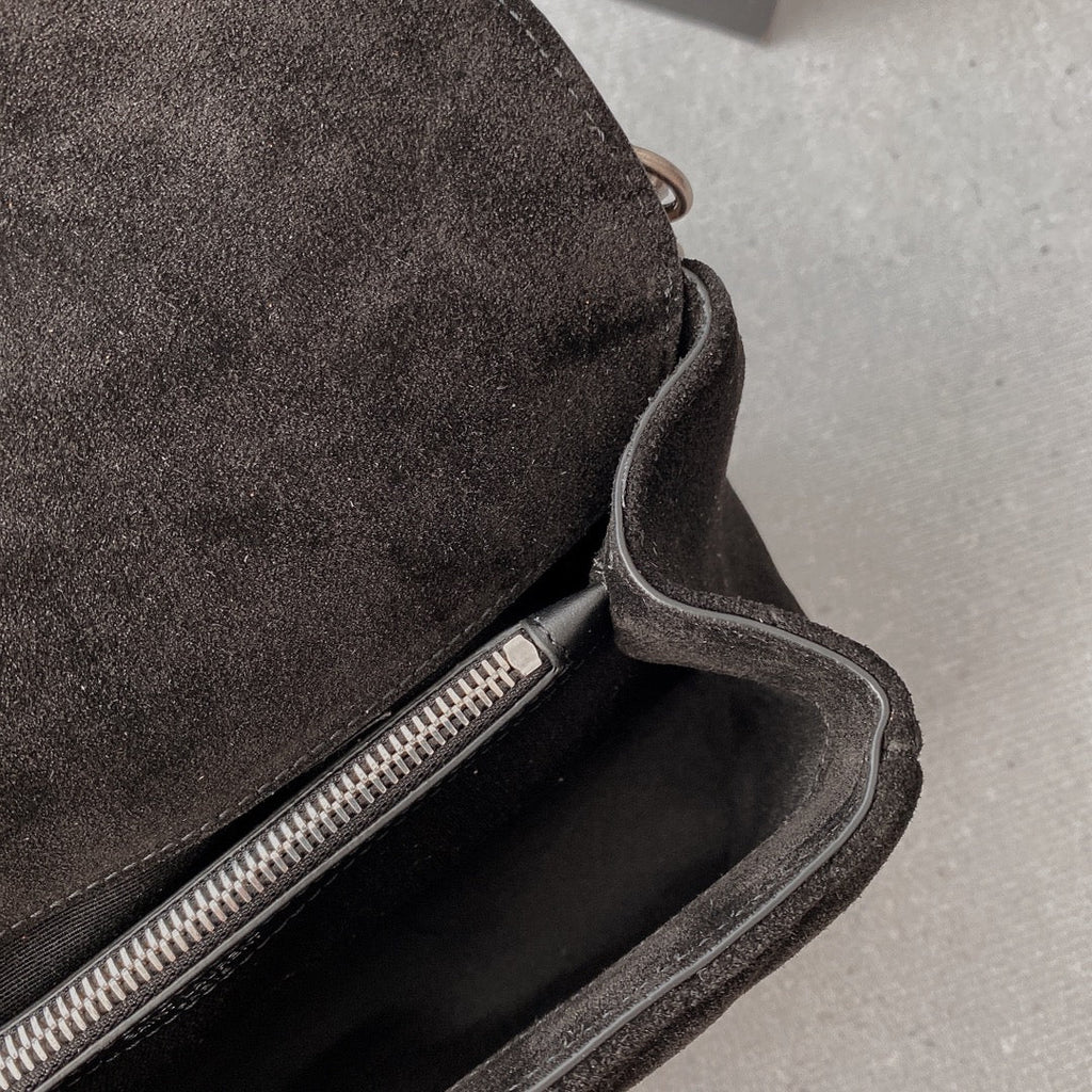 Saint Laurent College Tassel 24 in Black Suede Silver Hardware Bag