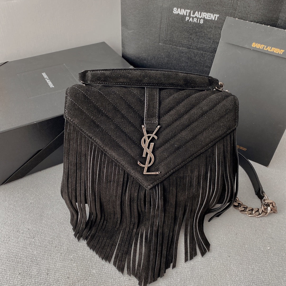 Saint Laurent College Tassel 24 in Black Suede Silver Hardware Bag