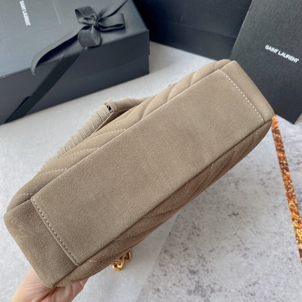Saint Laurent College Tassel 24 in Light Fawn Suede Gold Hardware Bag