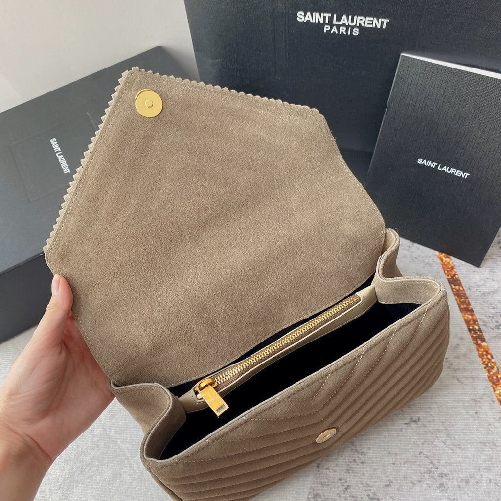 Saint Laurent College Tassel 24 in Light Fawn Suede Gold Hardware Bag