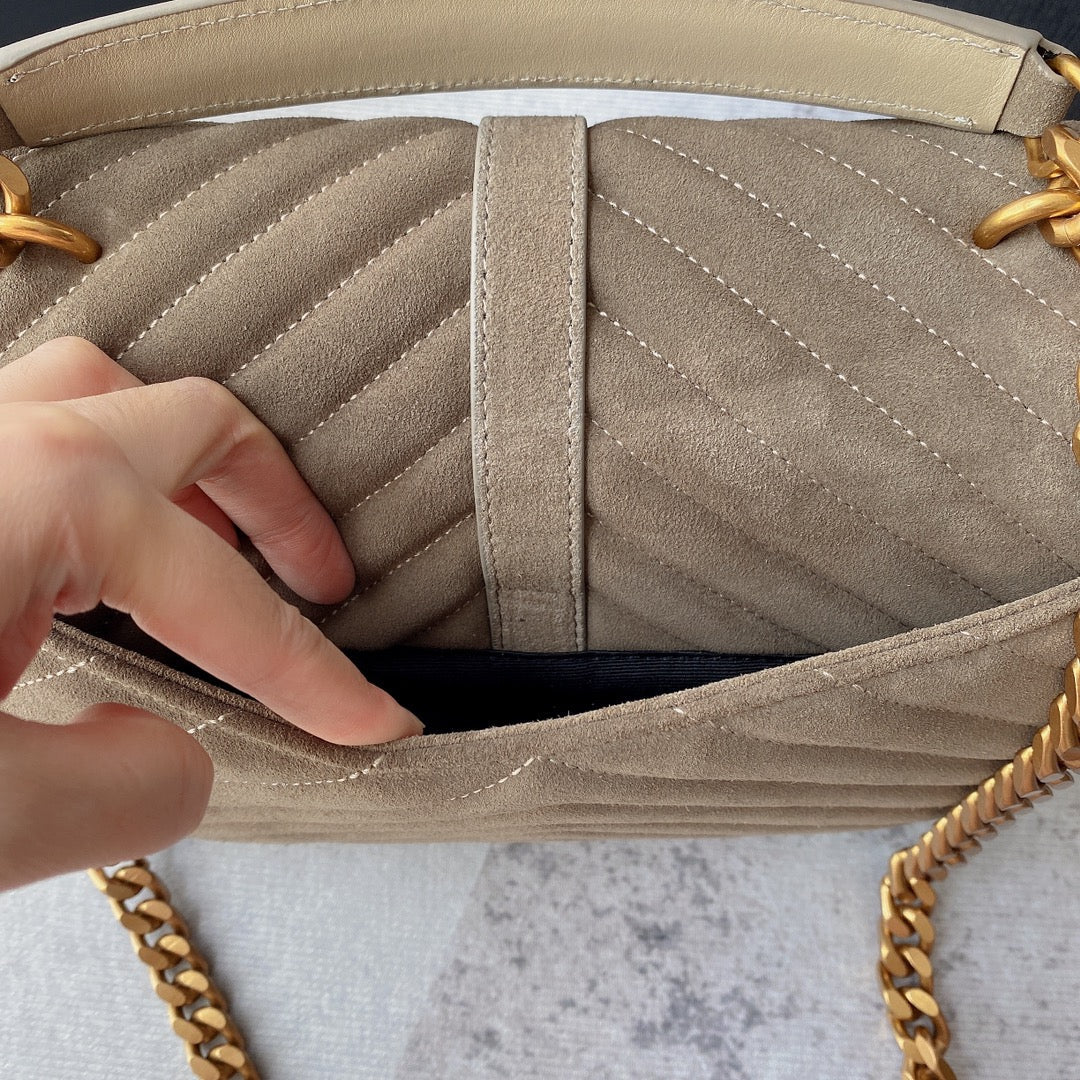 Saint Laurent College Tassel 24 in Light Fawn Suede Gold Hardware Bag