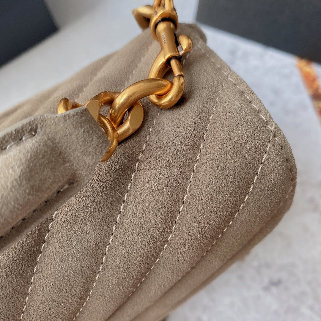 Saint Laurent College Tassel 24 in Light Fawn Suede Gold Hardware Bag