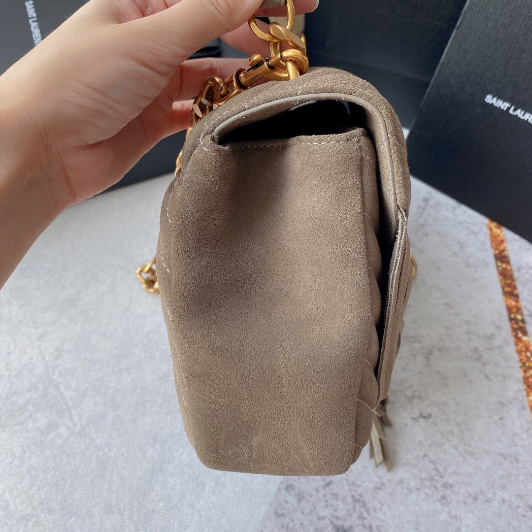 Saint Laurent College Tassel 24 in Light Fawn Suede Gold Hardware Bag