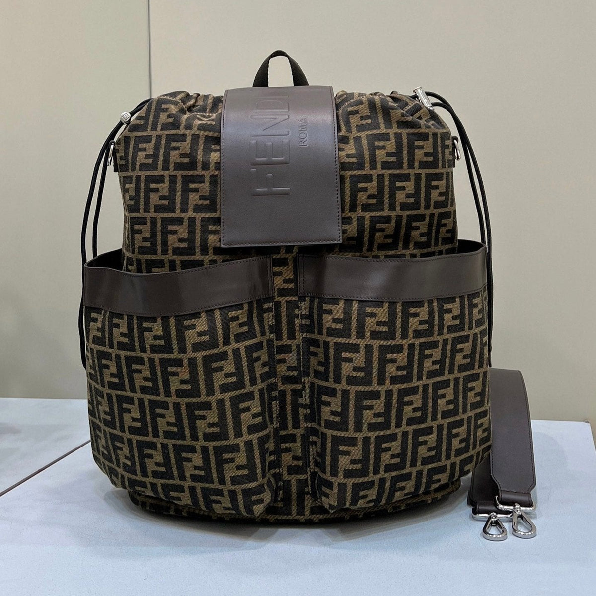 Fendi Strike Large 46 Ff Mocha Brown Jacquard Fabric Backpack