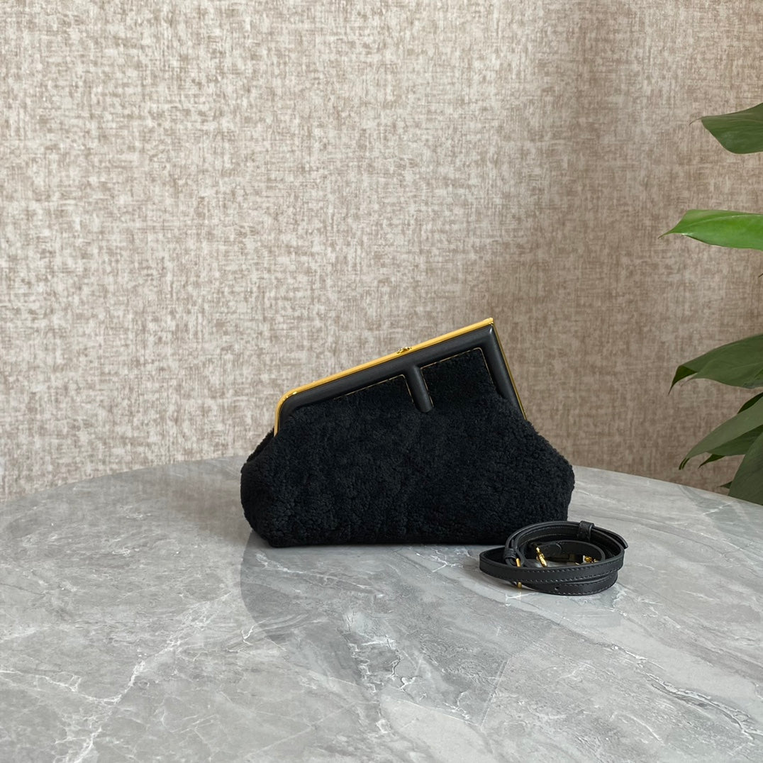 Fendi First Mini 26 Bag in Black Wool with Gold Hardware