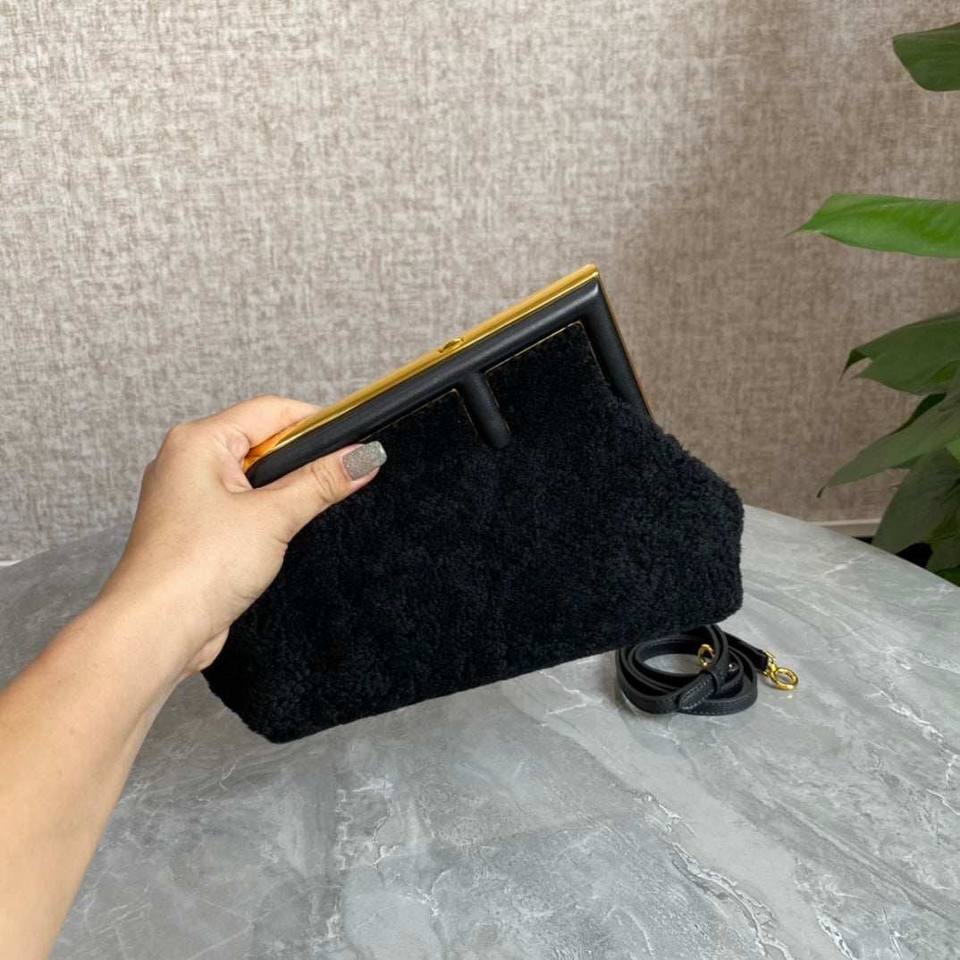 Fendi First Mini 26 Bag in Black Wool with Gold Hardware