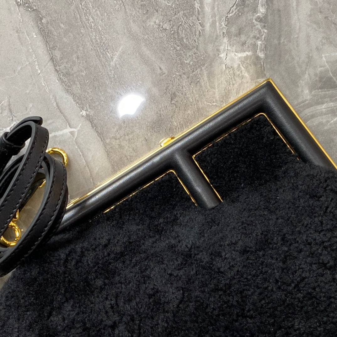 Fendi First Mini 26 Bag in Black Wool with Gold Hardware