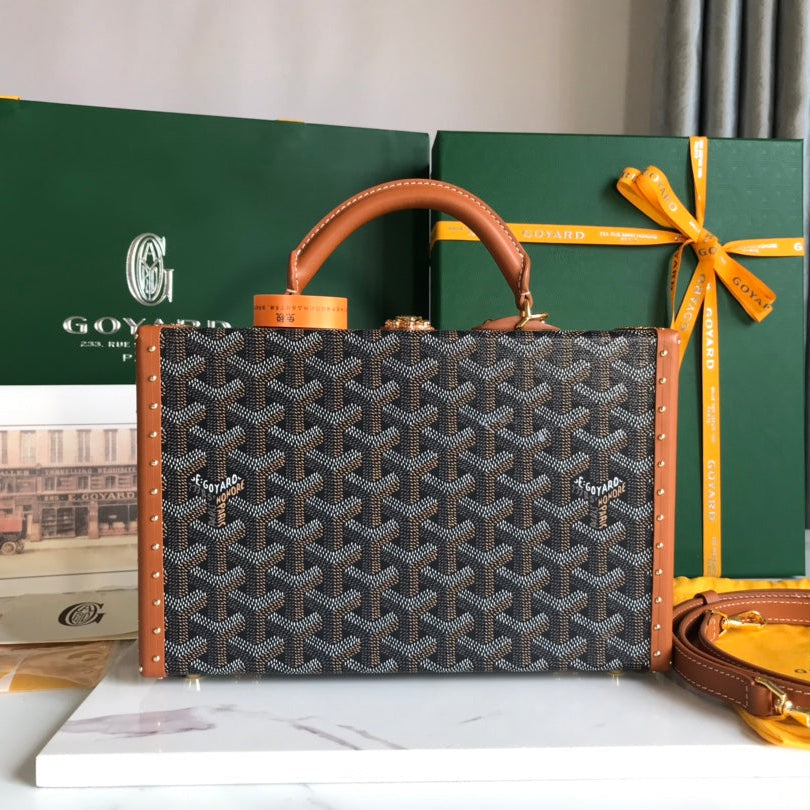 Goyard Grand Hôtel Trunk Bag 24 in Black Goyardine Canvas and Tan Calfskin