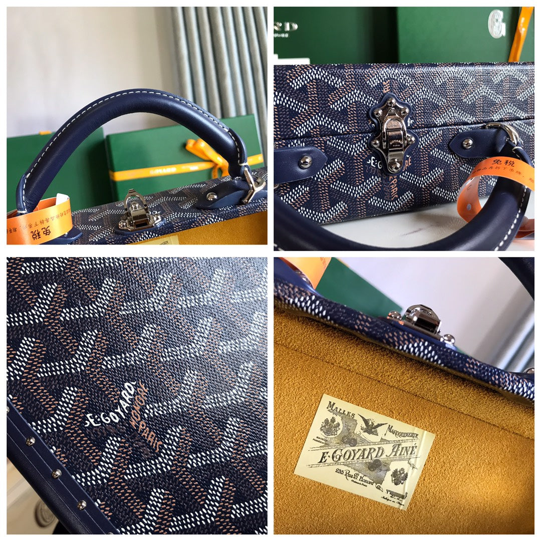 Goyard Grand Hôtel Trunk Bag 24 in Navy Blue Goyardine Canvas and Calfskin