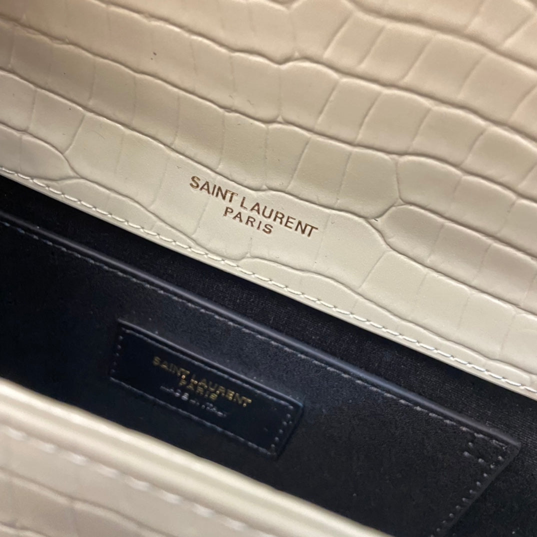 Saint Laurent Kate Tassel 24 Crocodile Pattern Calfskin White with Gold Logo Bag