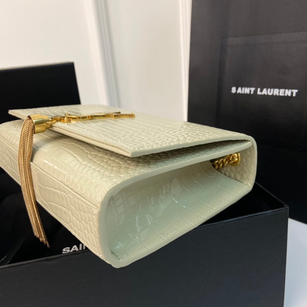 Saint Laurent Kate Tassel 24 Crocodile Pattern Calfskin White with Gold Logo Bag