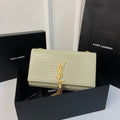 Saint Laurent Kate Tassel 24 Crocodile Pattern Calfskin White with Gold Logo Bag