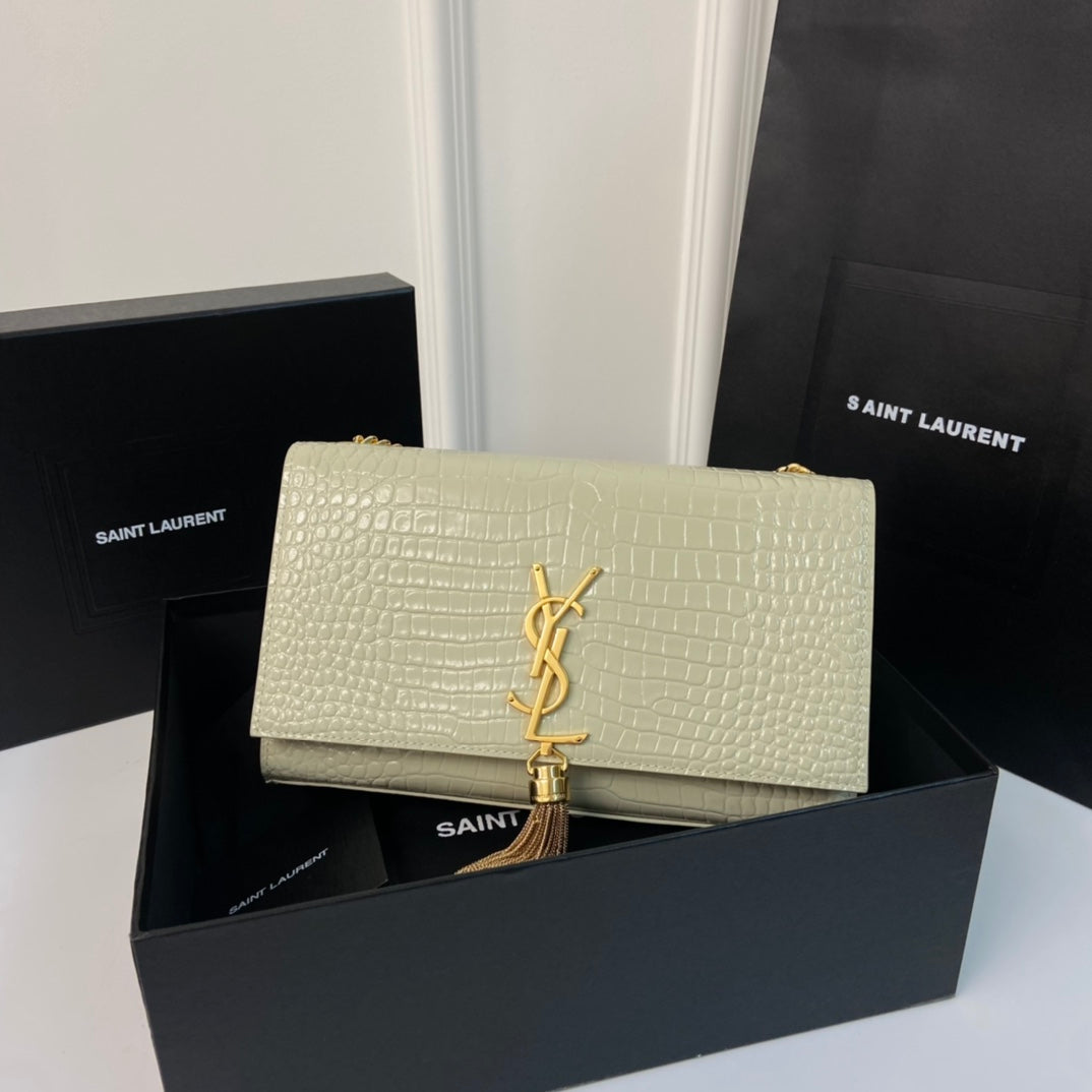 Saint Laurent Kate Tassel 24 Crocodile Pattern Calfskin White with Gold Logo Bag