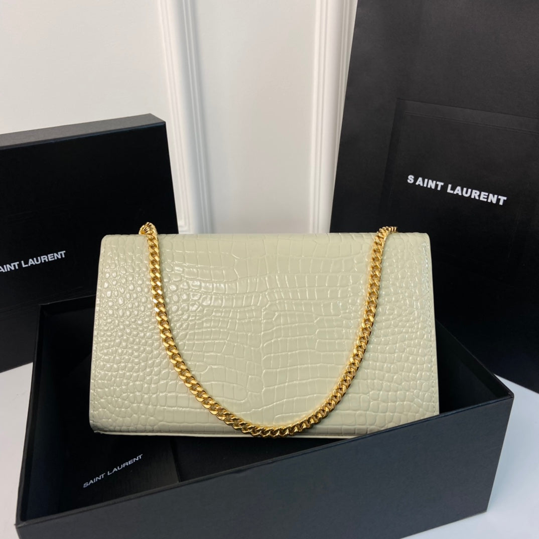 Saint Laurent Kate Tassel 24 Crocodile Pattern Calfskin White with Gold Logo Bag
