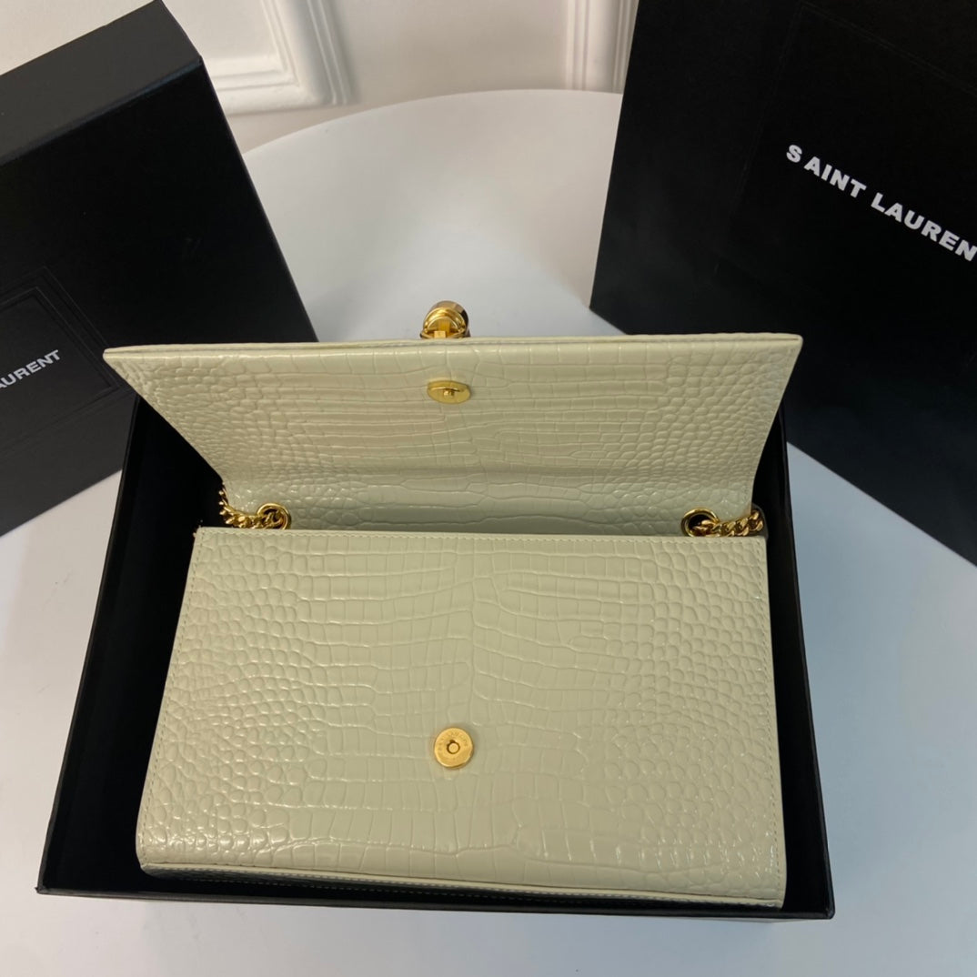 Saint Laurent Kate Tassel 24 Crocodile Pattern Calfskin White with Gold Logo Bag