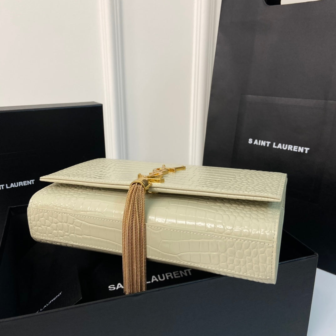 Saint Laurent Kate Tassel 24 Crocodile Pattern Calfskin White with Gold Logo Bag