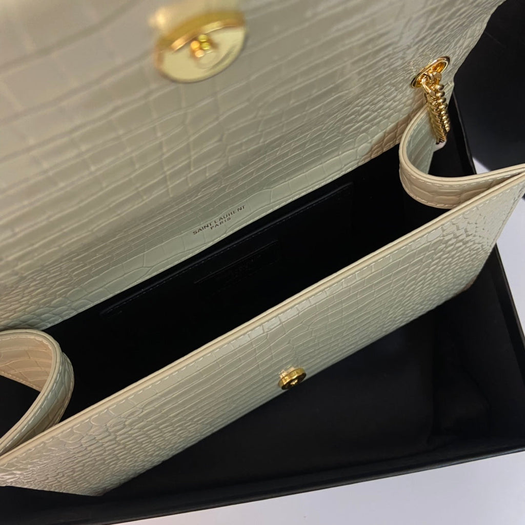 Saint Laurent Kate Tassel 24 Crocodile Pattern Calfskin White with Gold Logo Bag