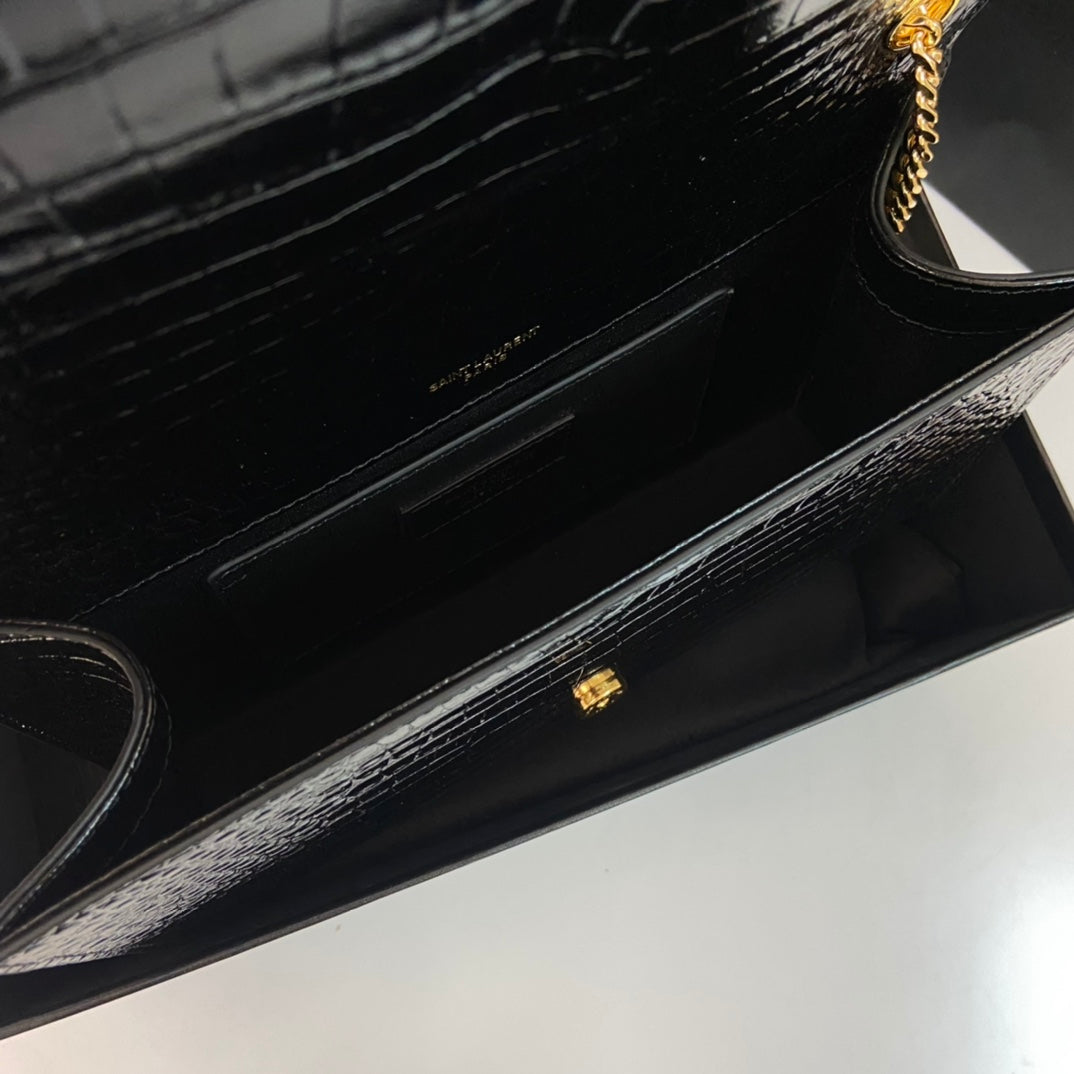 Saint Laurent Kate Tassel 24 Crocodile Pattern Calfskin Black with Gold Logo Bag