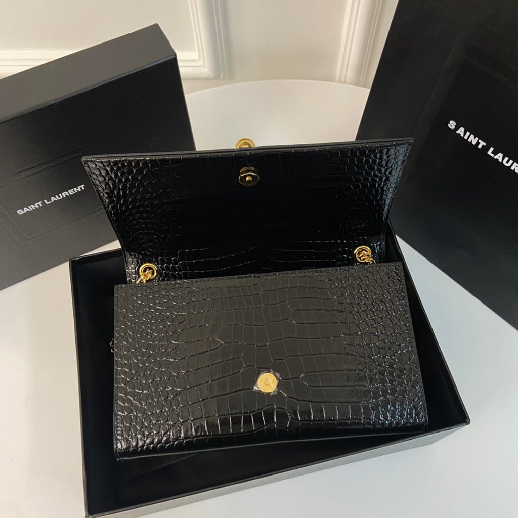 Saint Laurent Kate Tassel 24 Crocodile Pattern Calfskin Black with Gold Logo Bag