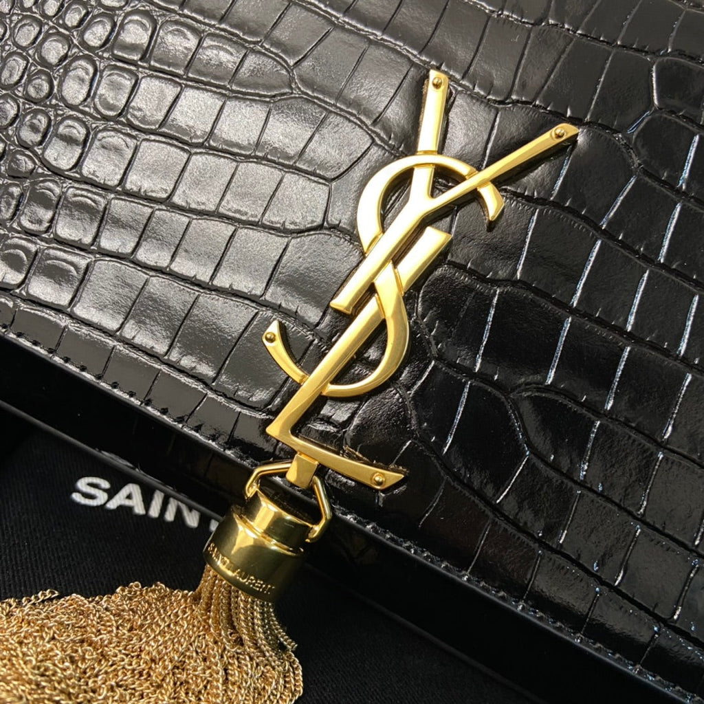 Saint Laurent Kate Tassel 24 Crocodile Pattern Calfskin Black with Gold Logo Bag