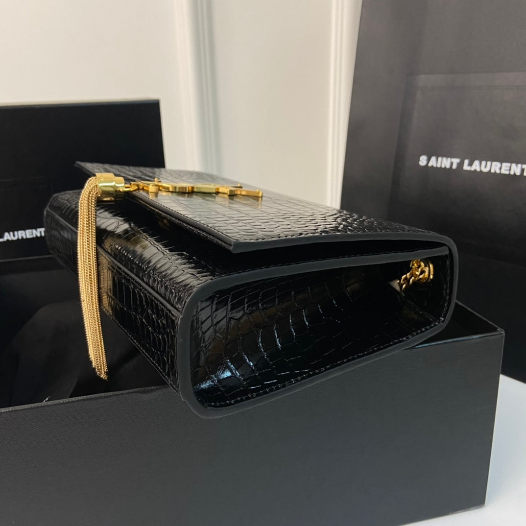 Saint Laurent Kate Tassel 24 Crocodile Pattern Calfskin Black with Gold Logo Bag