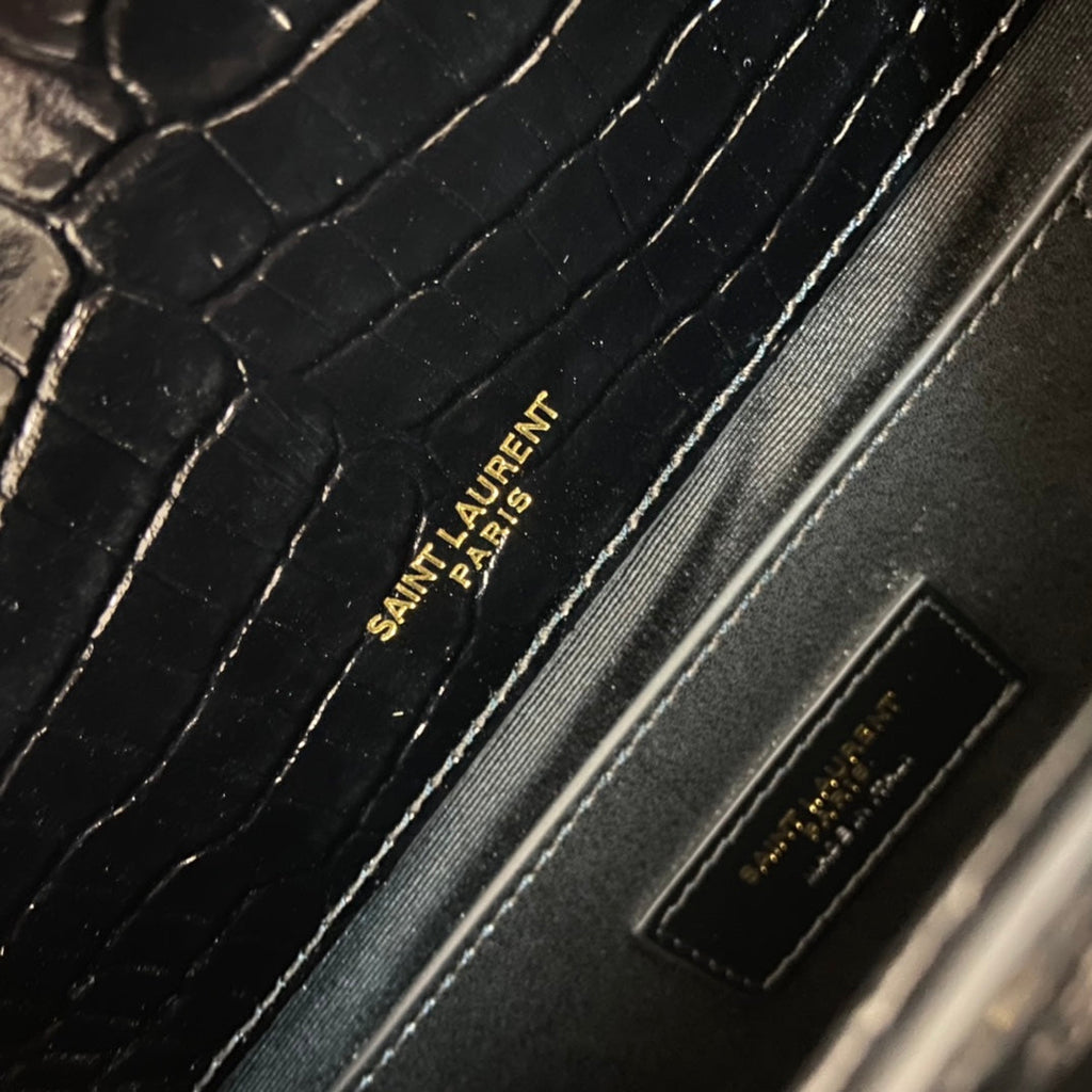 Saint Laurent Kate Tassel 24 Crocodile Pattern Calfskin Black with Gold Logo Bag