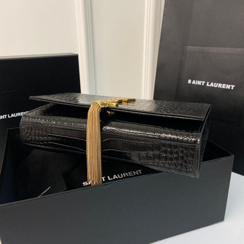 Saint Laurent Kate Tassel 24 Crocodile Pattern Calfskin Black with Gold Logo Bag