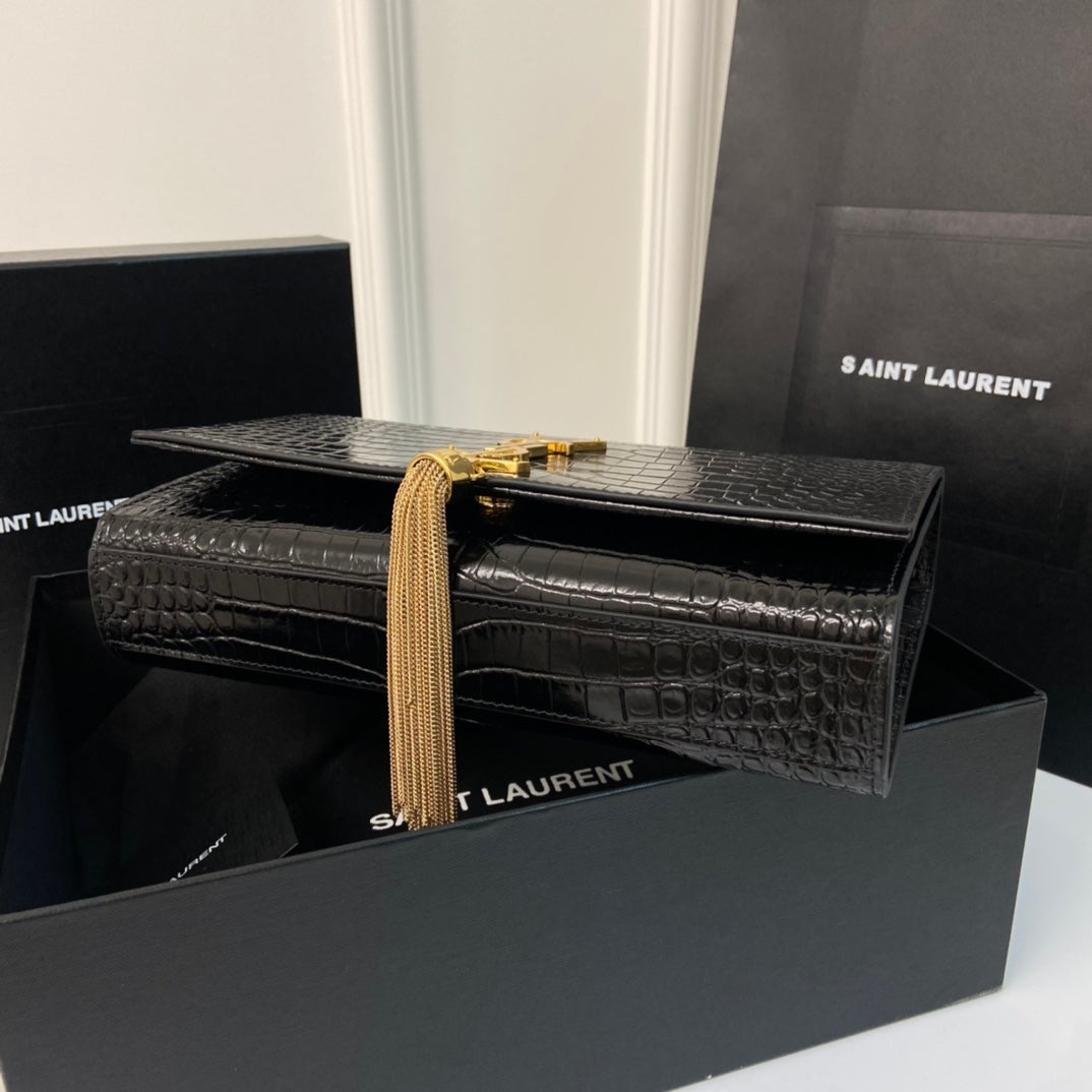 Saint Laurent Kate Tassel 24 Crocodile Pattern Calfskin Black with Gold Logo Bag