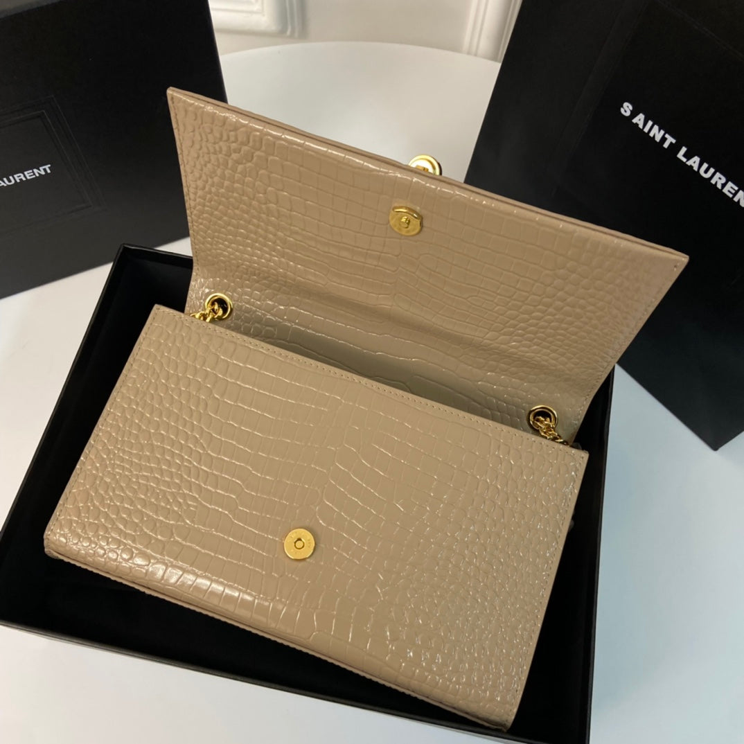 Saint Laurent Kate Tassel 24 Crocodile Pattern Calfskin Beige Cream with Gold Logo Bag