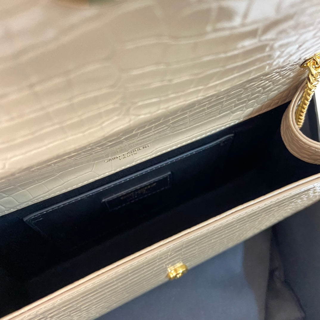 Saint Laurent Kate Tassel 24 Crocodile Pattern Calfskin Beige Cream with Gold Logo Bag