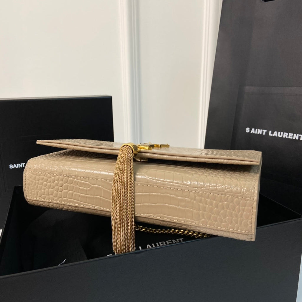 Saint Laurent Kate Tassel 24 Crocodile Pattern Calfskin Beige Cream with Gold Logo Bag