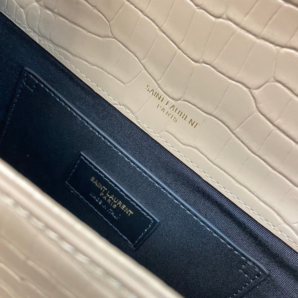 Saint Laurent Kate Tassel 24 Crocodile Pattern Calfskin Beige Cream with Gold Logo Bag