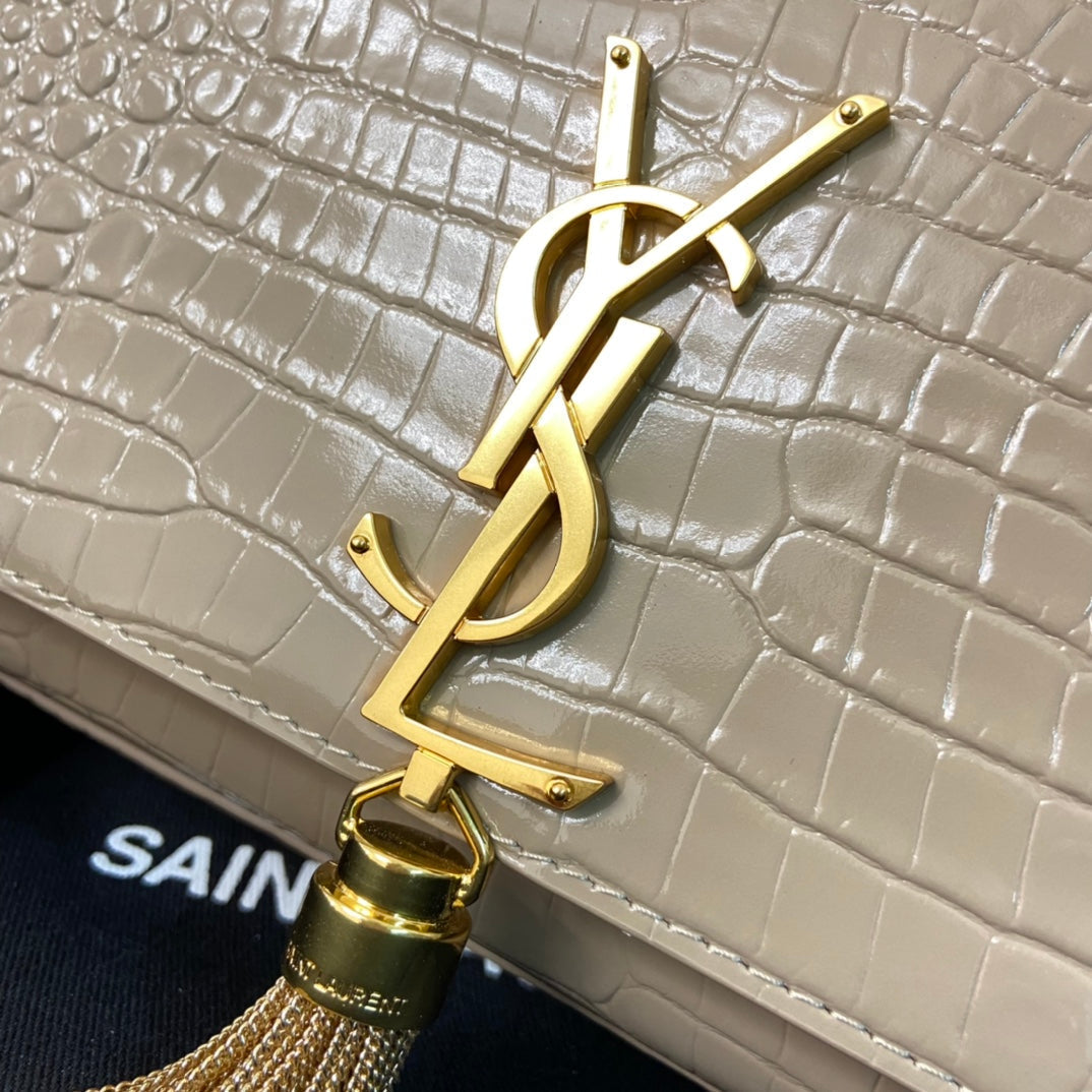 Saint Laurent Kate Tassel 24 Crocodile Pattern Calfskin Beige Cream with Gold Logo Bag
