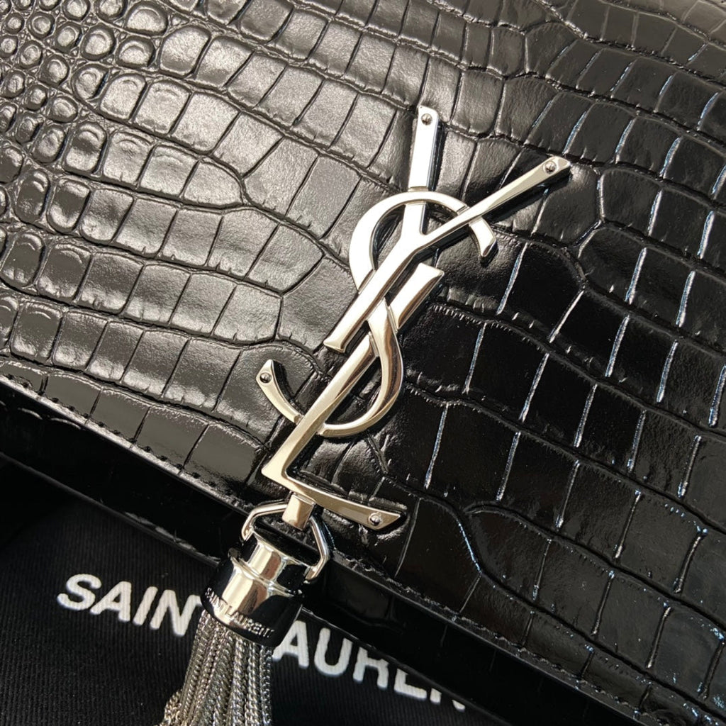 Saint Laurent Kate Tassel 24 Crocodile Pattern Calfskin Black with Silver Logo Bag