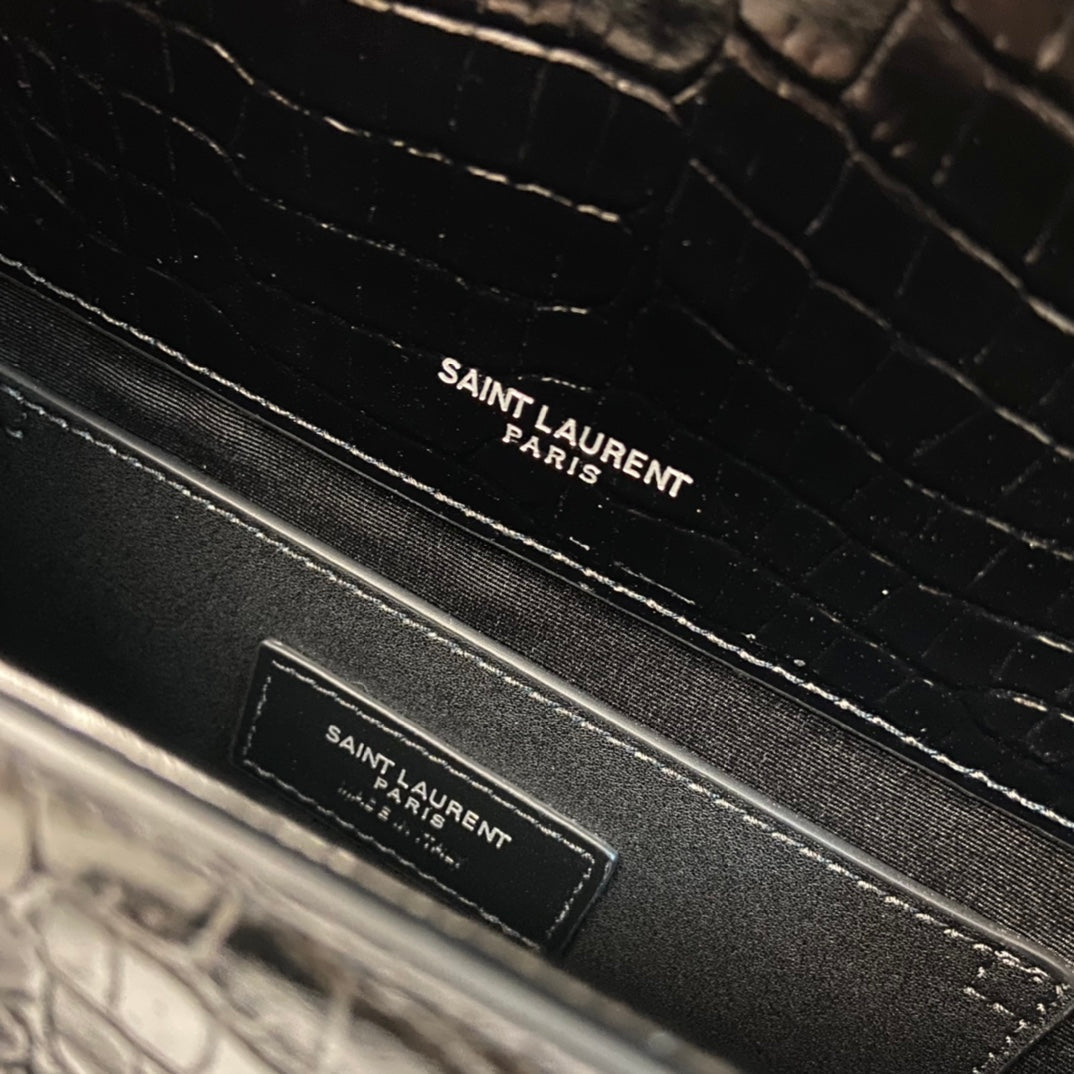 Saint Laurent Kate Tassel 24 Crocodile Pattern Calfskin Black with Silver Logo Bag