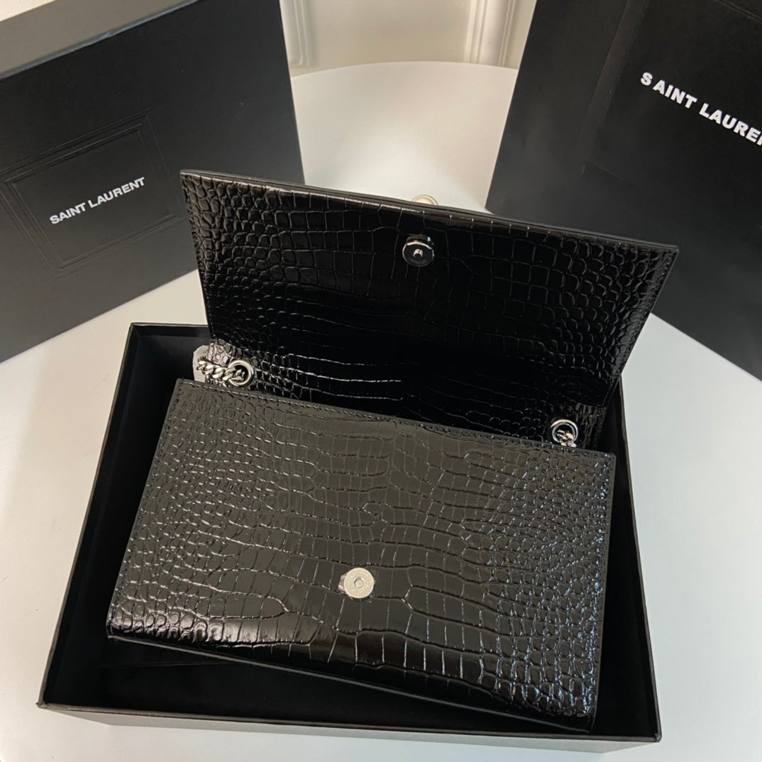 Saint Laurent Kate Tassel 24 Crocodile Pattern Calfskin Black with Silver Logo Bag