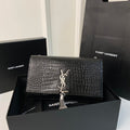Saint Laurent Kate Tassel 24 Crocodile Pattern Calfskin Black with Silver Logo Bag