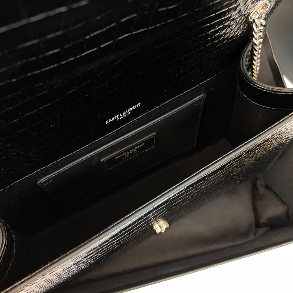 Saint Laurent Kate Tassel 24 Crocodile Pattern Calfskin Black with Silver Logo Bag