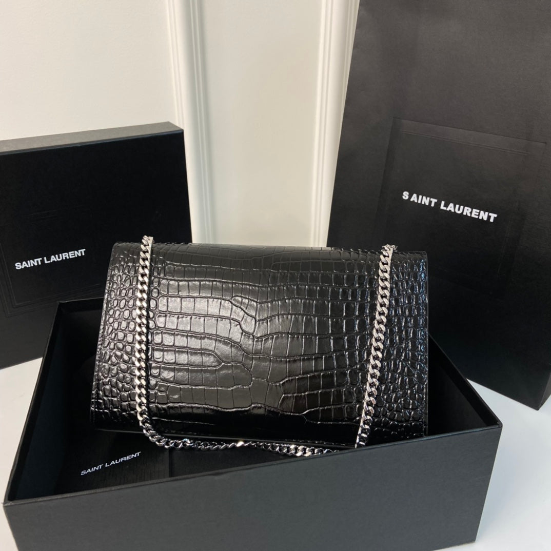 Saint Laurent Kate Tassel 24 Crocodile Pattern Calfskin Black with Silver Logo Bag