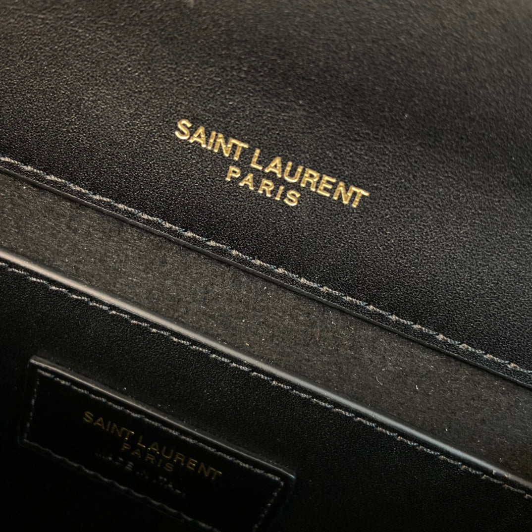Saint Laurent Kate Tassel 24 Black Calfskin with Gold Logo Bag