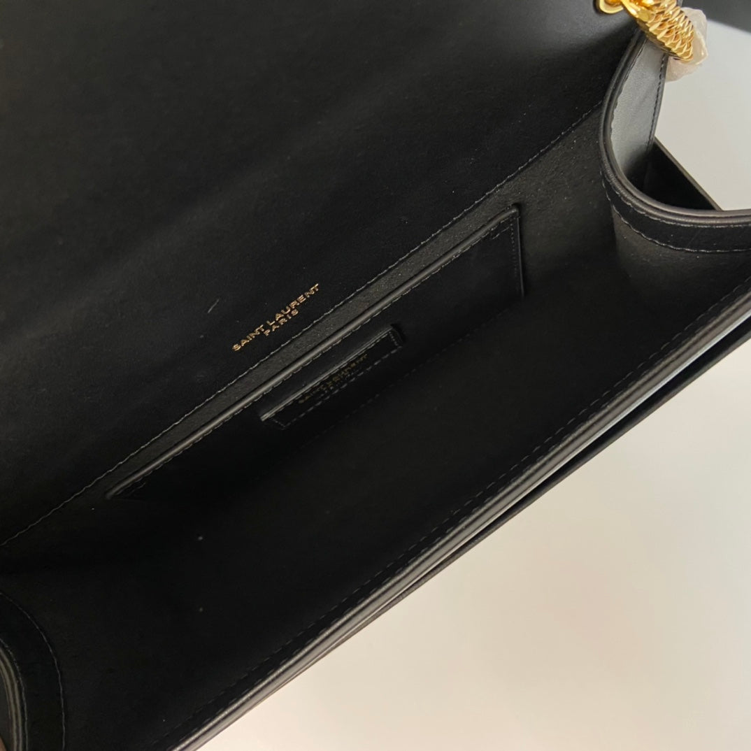 Saint Laurent Kate Tassel 24 Black Calfskin with Gold Logo Bag
